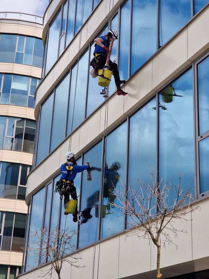 services-img Two window cleaners using ropes on a modern skyscraper, showcasing urban professional maintenance.